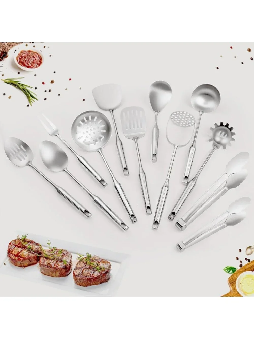 12-Piece Stainless Steel Cooking Utensils Set - Durable, Dishwasher Safe Kitchen